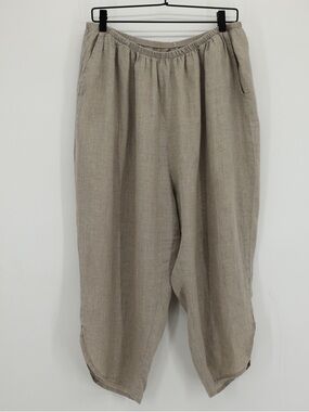 FLAX Linen Cropped Pants Pockets Elastic Waist‎ Relaxed Lagenlook Beige 1G 18 20